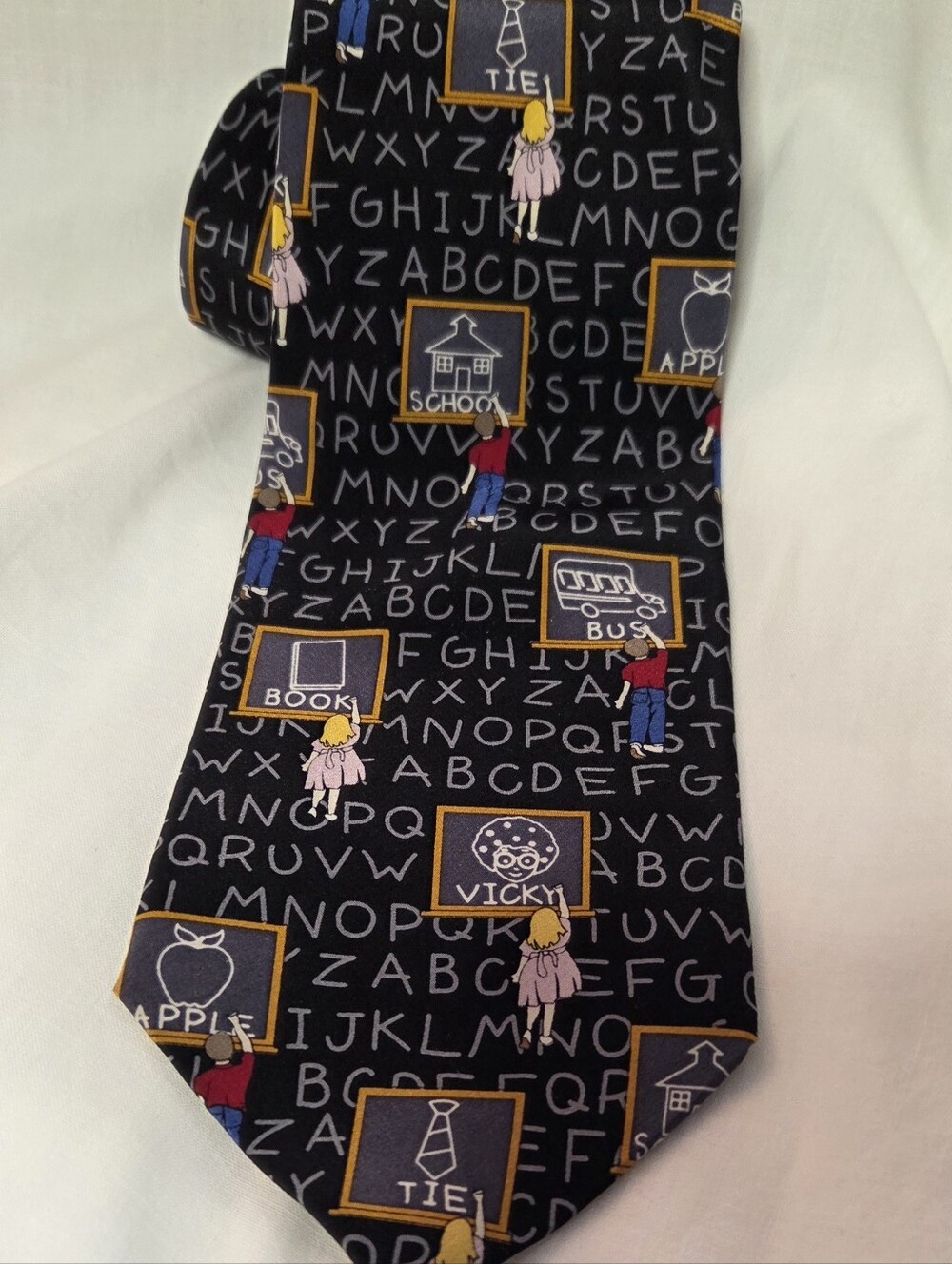 VintageVicky Davis New York 100% Silk Black Novelty School Theme Men's Tie